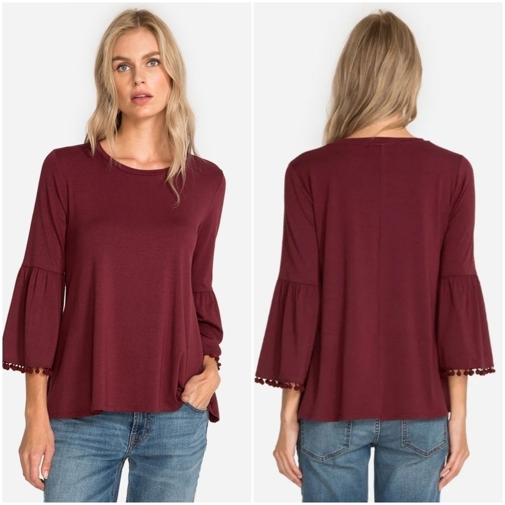 Johnny Was Flute Sleeve Pompom Trim Top size XS NWT